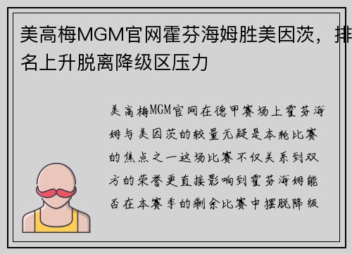 美高梅MGM官网霍芬海姆胜美因茨，排名上升脱离降级区压力