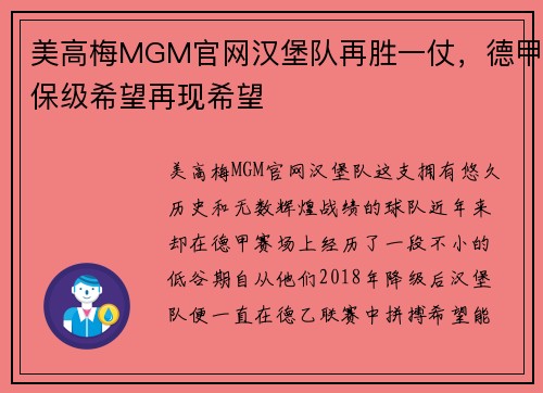 美高梅MGM官网汉堡队再胜一仗，德甲保级希望再现希望