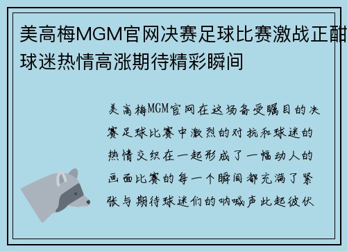 美高梅MGM官网决赛足球比赛激战正酣球迷热情高涨期待精彩瞬间
